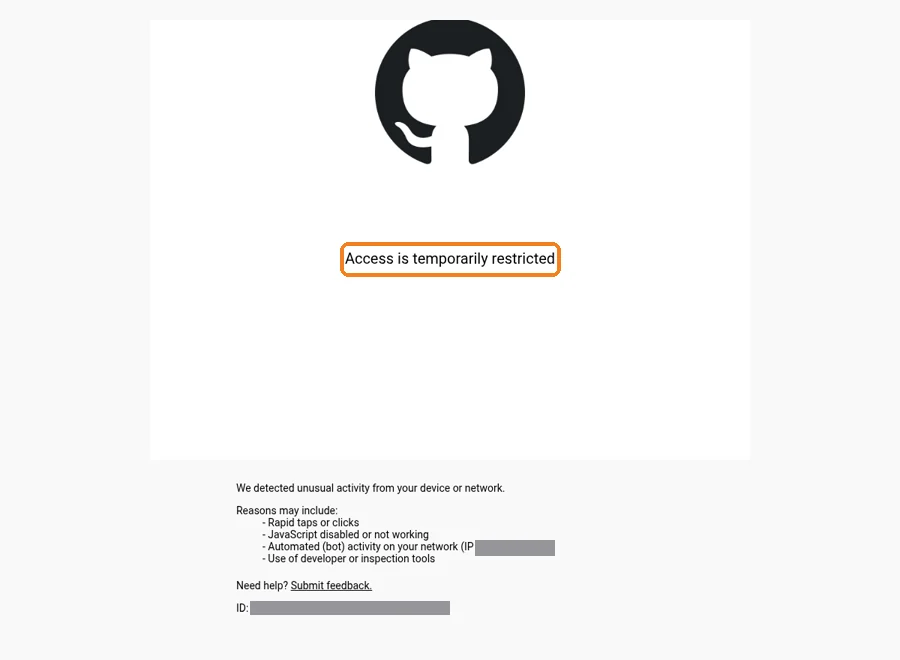 GitHub 注册页提示访问受限（出口 IP 和请求 ID 已打码）