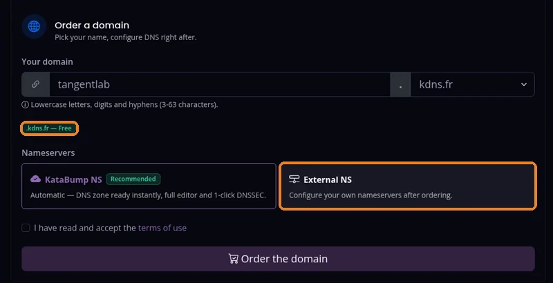 输入名字，后缀显示 Free，NS 选 External NS